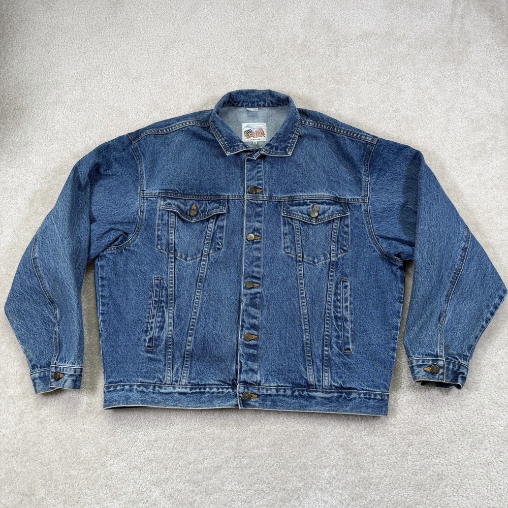 VTG Excelled Denim Trucker Jacket Mens XL Blue Paneled Back 90's Moto Biker